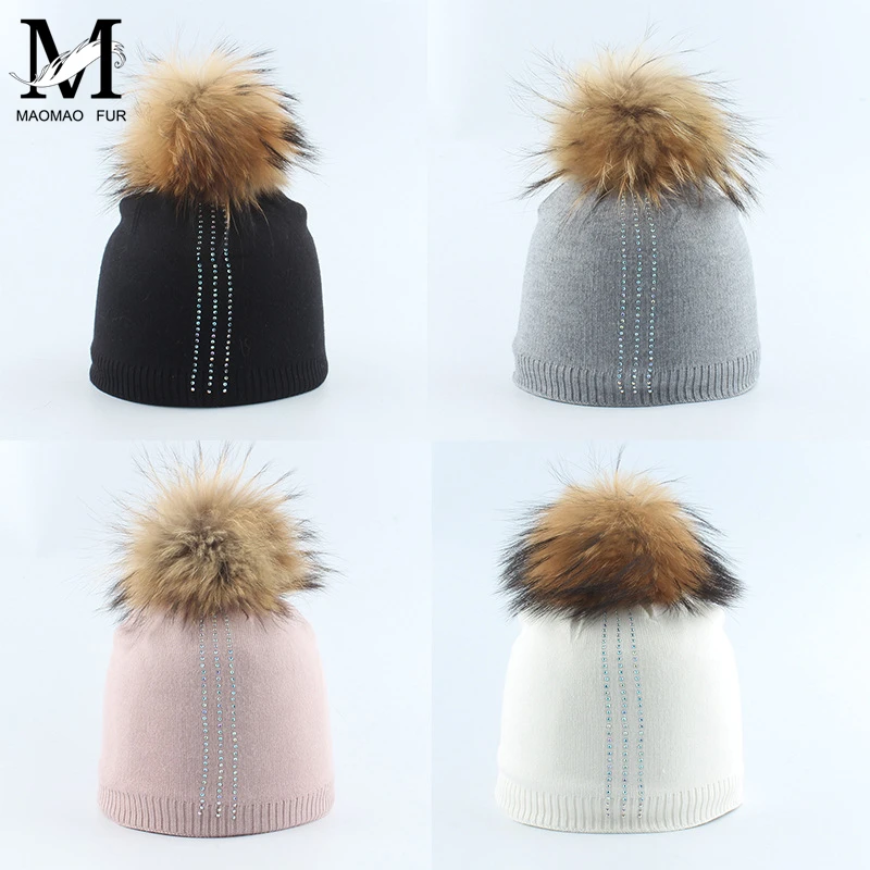 Hats For Girls Boys Lovely Rhinestone Real Fur Pompom Fashion High Quality Brand New Kids Caps Skullies Beanies | Аксессуары для