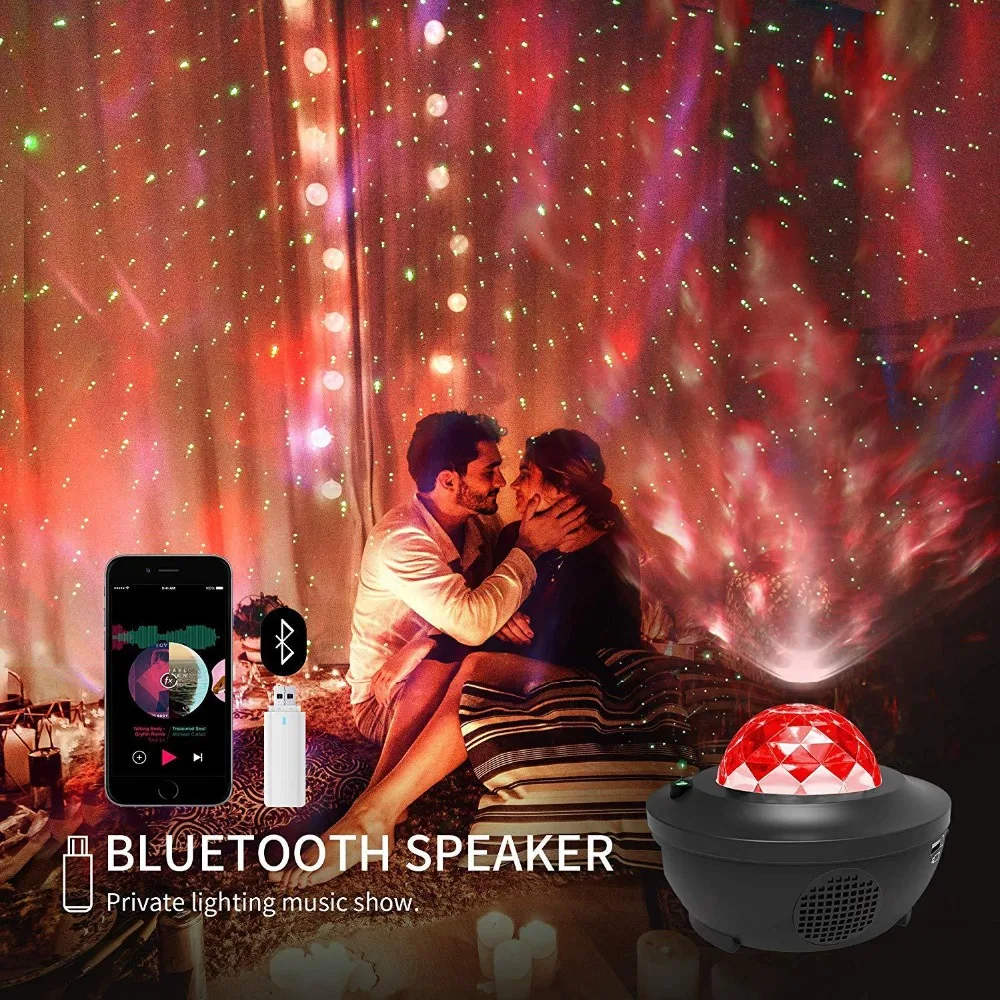 

Starry Sky Light RG Laser LED Stage Lighting Effect Ocean Wave Projector Remote Laser Projector Party DJ Light Bluetooth Speaker