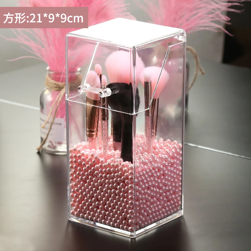 Multi-style Acrylic Makeup Organizer Cosmetic Holder Makeup Tools Storage Pearls Box Brush Accessory Organizer Box with Cover - Цвет: pink