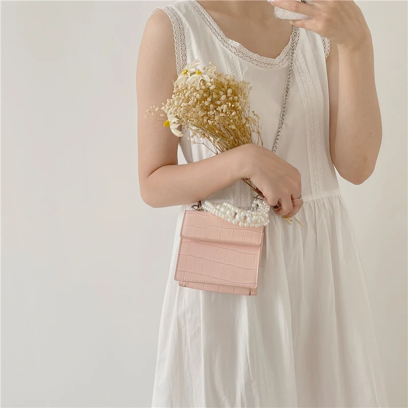 

PU Leather Women Small Crossbody Bags Stone Pattern Female Pearl Chain Square Shoulder Bag Portable Ladies Mini Purse Handbags
