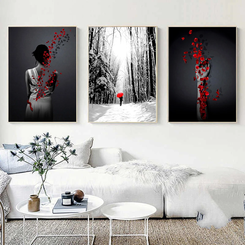 

Модное настенное искусство в скандинавском стиле, холст с цветочным принтом розы, плакат, черный декор, женщина, живопись, комната, Декор для...