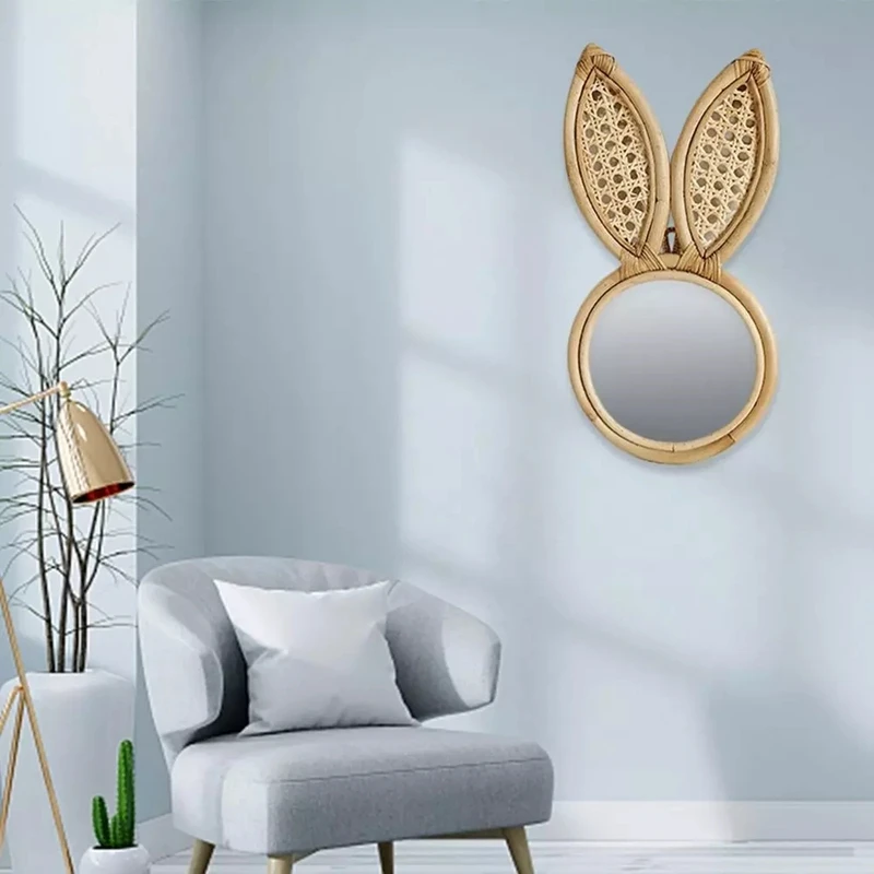 

2 Pcs Wall-Mounted Mirror Rattan with Makeup Mirror Handmade Decoration Mirror Home Decoration Rabbit Ear & Monkey