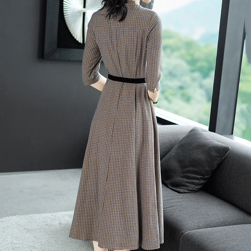 2019 осеннее платье Профессиональный воротник длинный ретро плед для похудения