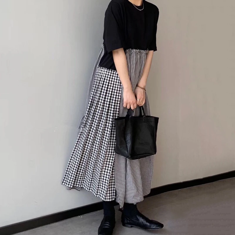 

GALCAUR Fake Two Piece Dress For Women O Neck Short Sleeve Patchwork Plaid Hit Color Loose Oversized Mid Dresses Female 2021 New