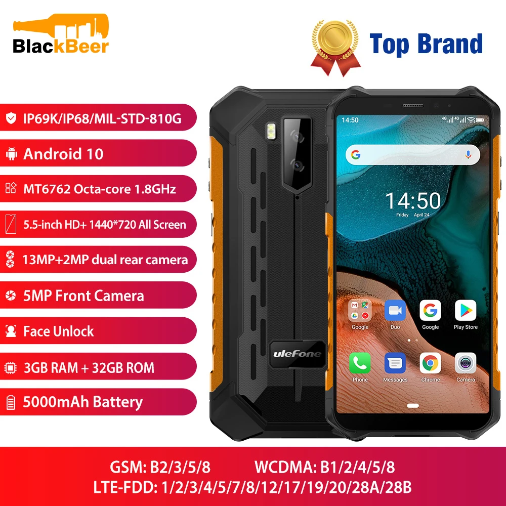 Ulefone Armor X5 5.5" Mobile Phone 4G LTE Rugged Waterproof Smartphone Android 10 CellPhone 3GB 32GB MT6762 Octa Core IP68 NFC |