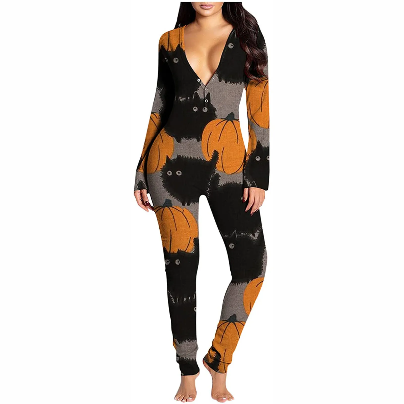 

Женский пикантный комбинезон на пуговицах, комбинезон с V-образным вырезом и длинным рукавом, функциональный Длинный комбинезон с принтом н...