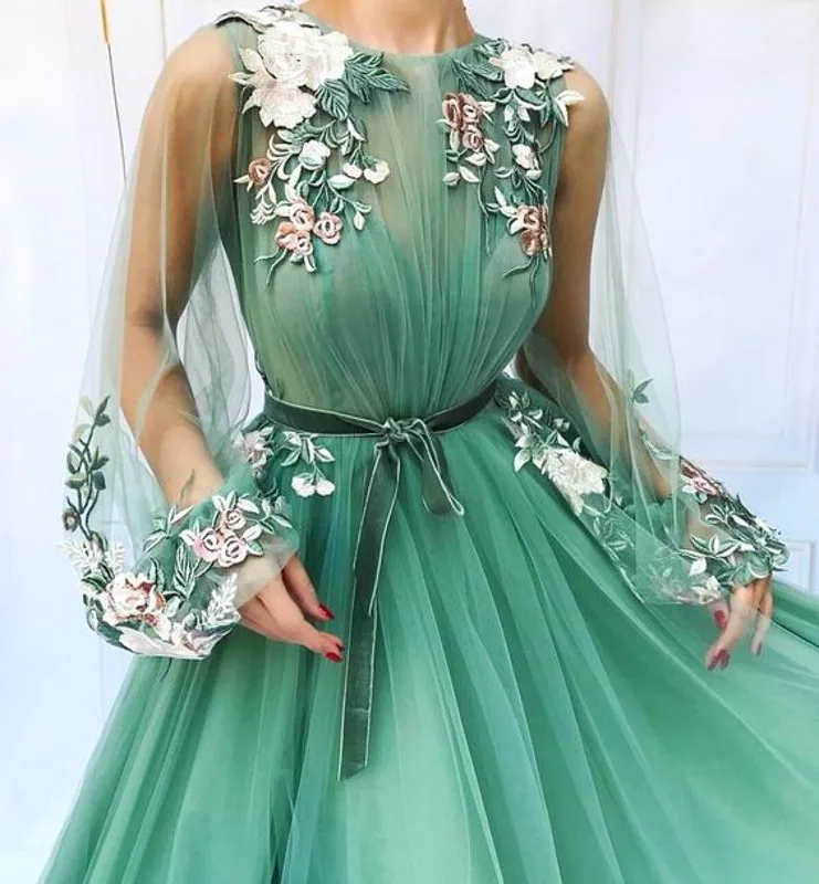 

Long Sleeve Tulle A-Line Mint Green Prom Dresses 2019 Applique Flowers vestidos de festa longo Formal Evening Dress