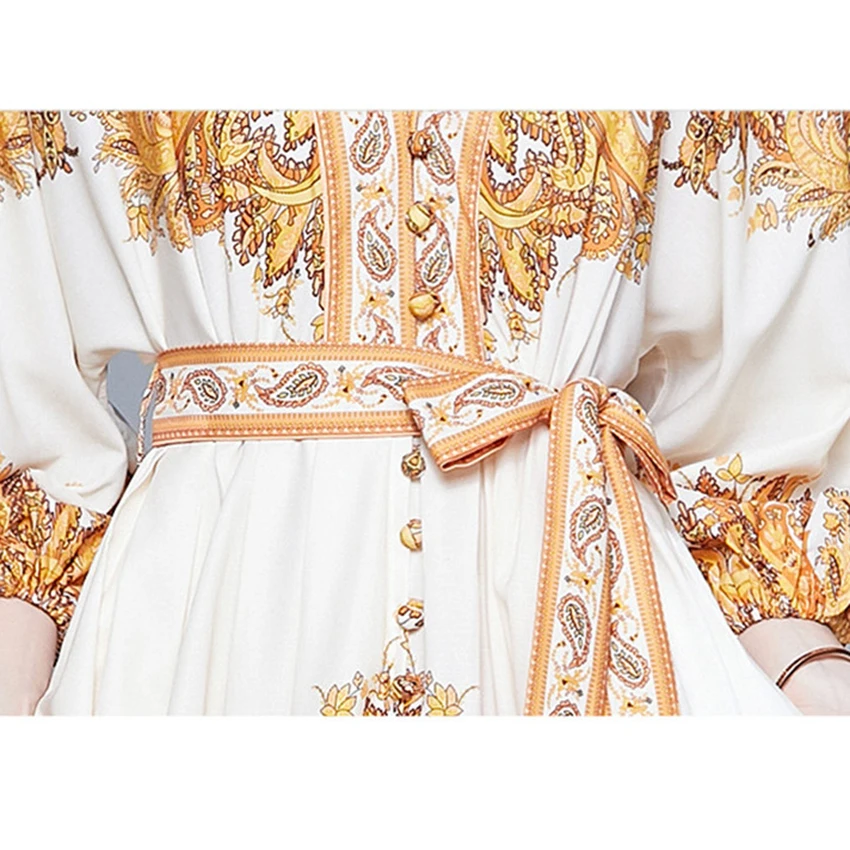 

2021 Bohemian Maxi Holiday Dress Women Lantern Sleeve V-Neck Single Breasted Casual Long Shirt Dress Designer Runway Dresses