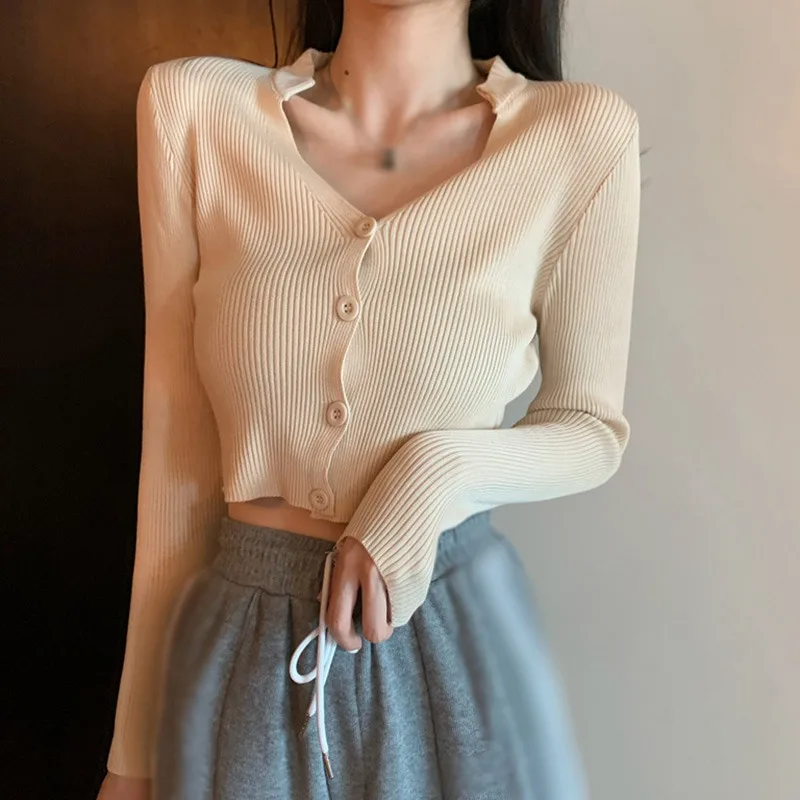 

Women Korean Version of The Early Autumn V-neck Hundreds of Thin Long Sleeve Knitted Short Cardigan Exotic