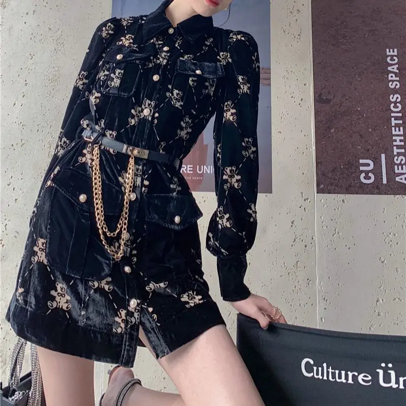 

Bear Print Gothic Women'S Dress Vintage Pocket Single-Breasted Belt Lapel Long Sleeve Black Harajuku Kawaii Short Dress Spring