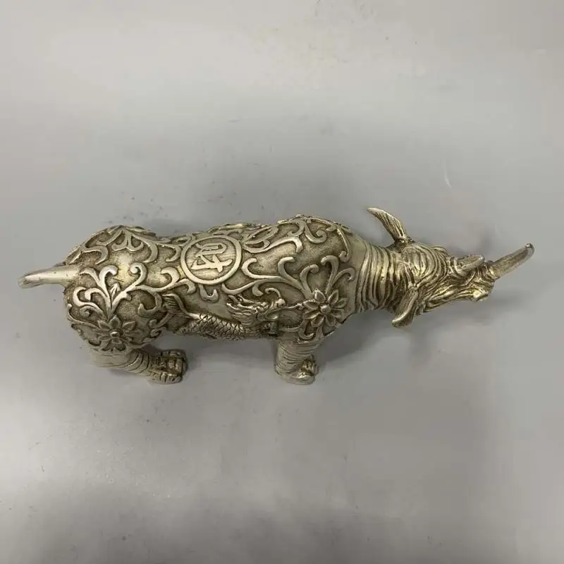 Китайский Фэншуй Серебряный Медь резьба благоприятный зверь Kirin Статуэтка