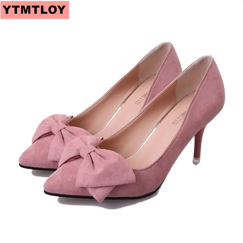 2019 женские замшевые туфли ярких цветов с закрытым носком и бантом Туфли для