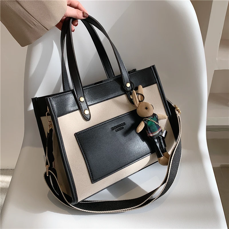 

Medium Patchwork Canvas Women Tote Bags Roomy PU Leather Trimmed Work Female Shopper Handbags Wide Strap Shoulder Crossbody Bags