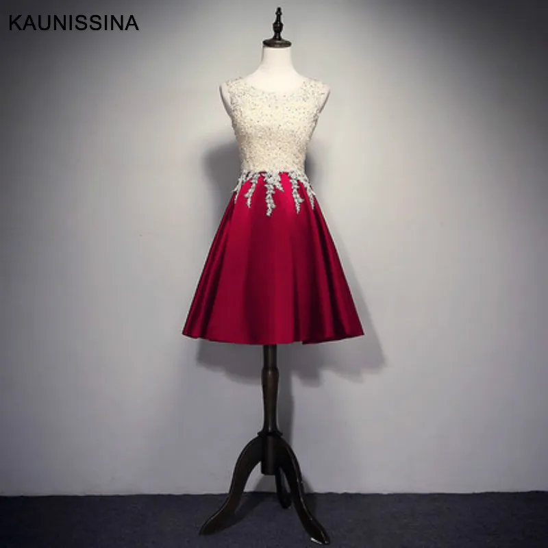 Short Wine Red KAUNISSINA, женское вечернее платье для церемонии, длинное платье, круглый вырез, кружево, атлас, бисер, длина до пола, платье для выпускного вечера, настоящая фотография, Vestido - Цвет: Short Wine Red