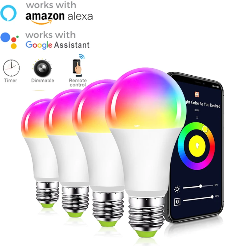 

15W WiFi Smart Light Bulb B22 E27 E26 LED RGB Lamp Work With Alexa/Google Home RGB+CCT Dimmable Timer Function Magical Bulb