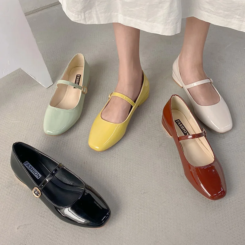 

Spring Autumn Women Mary Janes Shoes Patent Leather Low Heels Dress Shoes Square Toe Shallow Buckle Strap Girls Shoes 2022 NEW