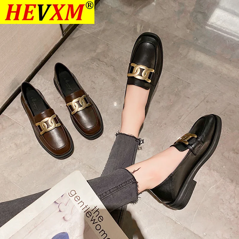 

2021 Plus Size Small Leather Shoes Woman Metal Chains Loafers Low Heels Shallow Round Toe Moccasins Ladies Work Flats Oxfords