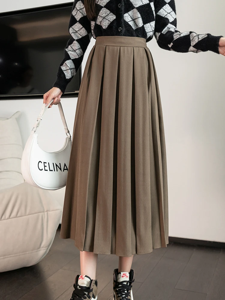 

Женская плиссированная юбка-трапеция TIGENA, однотонная универсальная юбка средней длины с завышенной талией в Корейском стиле преппи, весна ...
