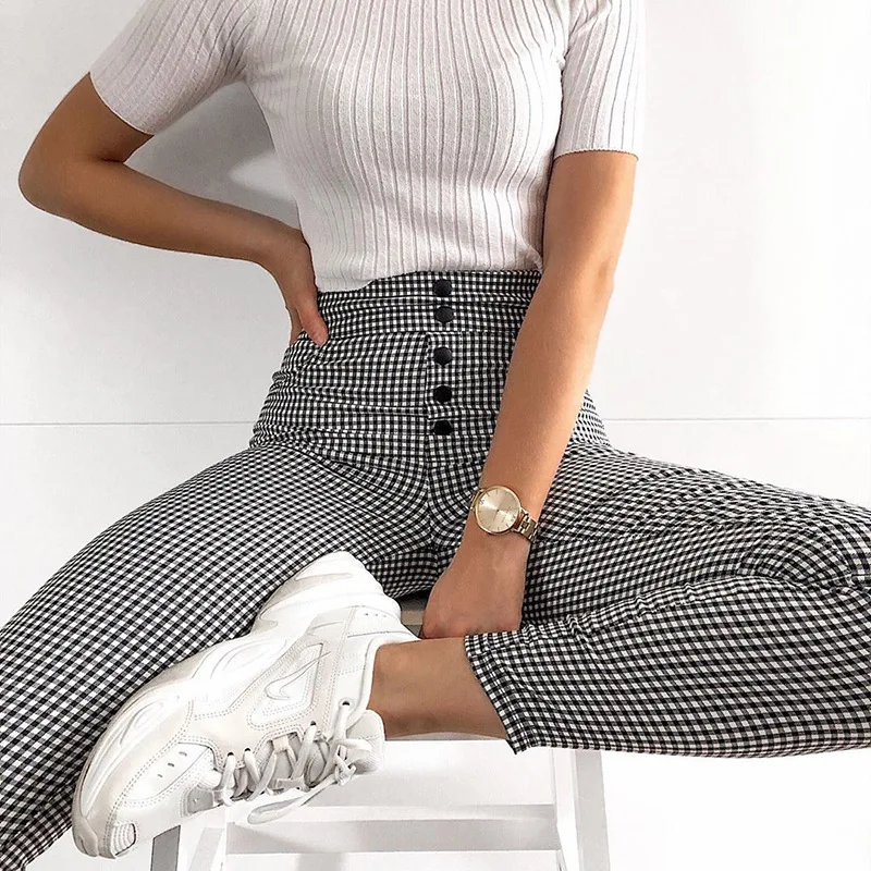 

New Ins with The Same Paragraph High Waist Casual Pants Female Button Tight-fitting Feet Nine-point Woman Pants Plaid Pants