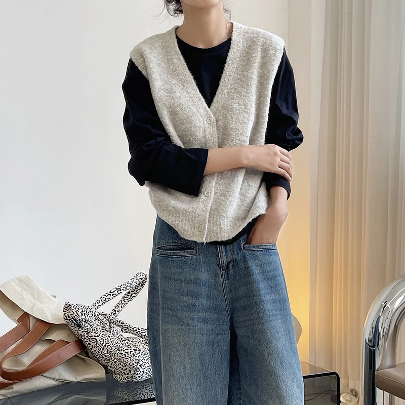 

Женский Повседневный однотонный кардиган без рукавов, свободный свитер с V-образным вырезом для весны и осени