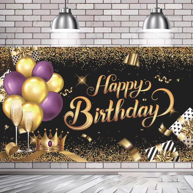 

Happy Birthday Backdrop Banner Large Black Gold Balloon Star Sign Poster Booth Backdrop Birthday Party Decor Photo background