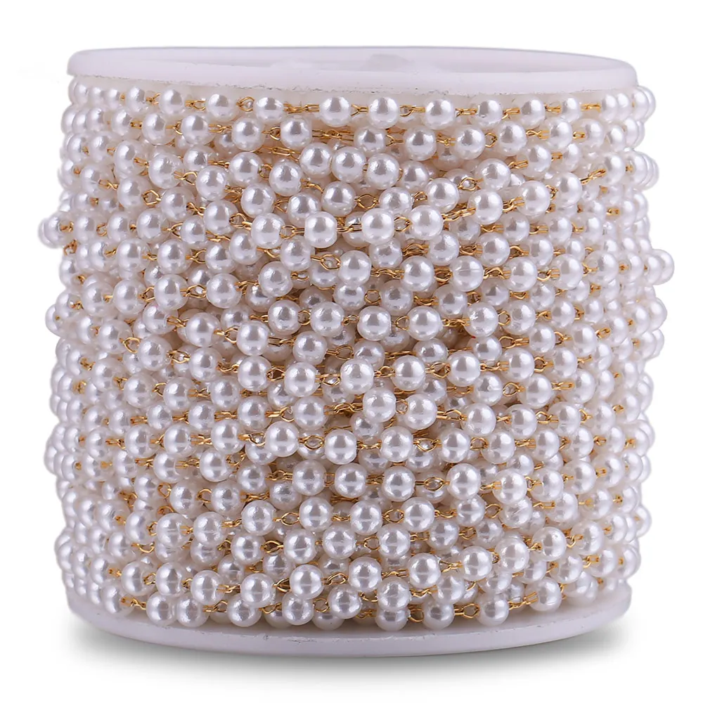 

2m/Lot Stainless Steel 4mm Round Artficial Pearl Gold Chains for DIY Eyeglasses Chain Necklace Supplies Jewelry Making Wholesale