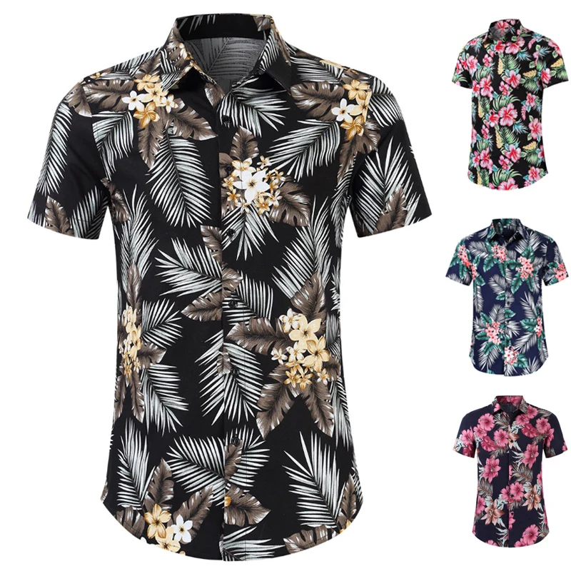 Мужская рубашка с коротким рукавом повседневная Пляжная футболка принтом Hibicus