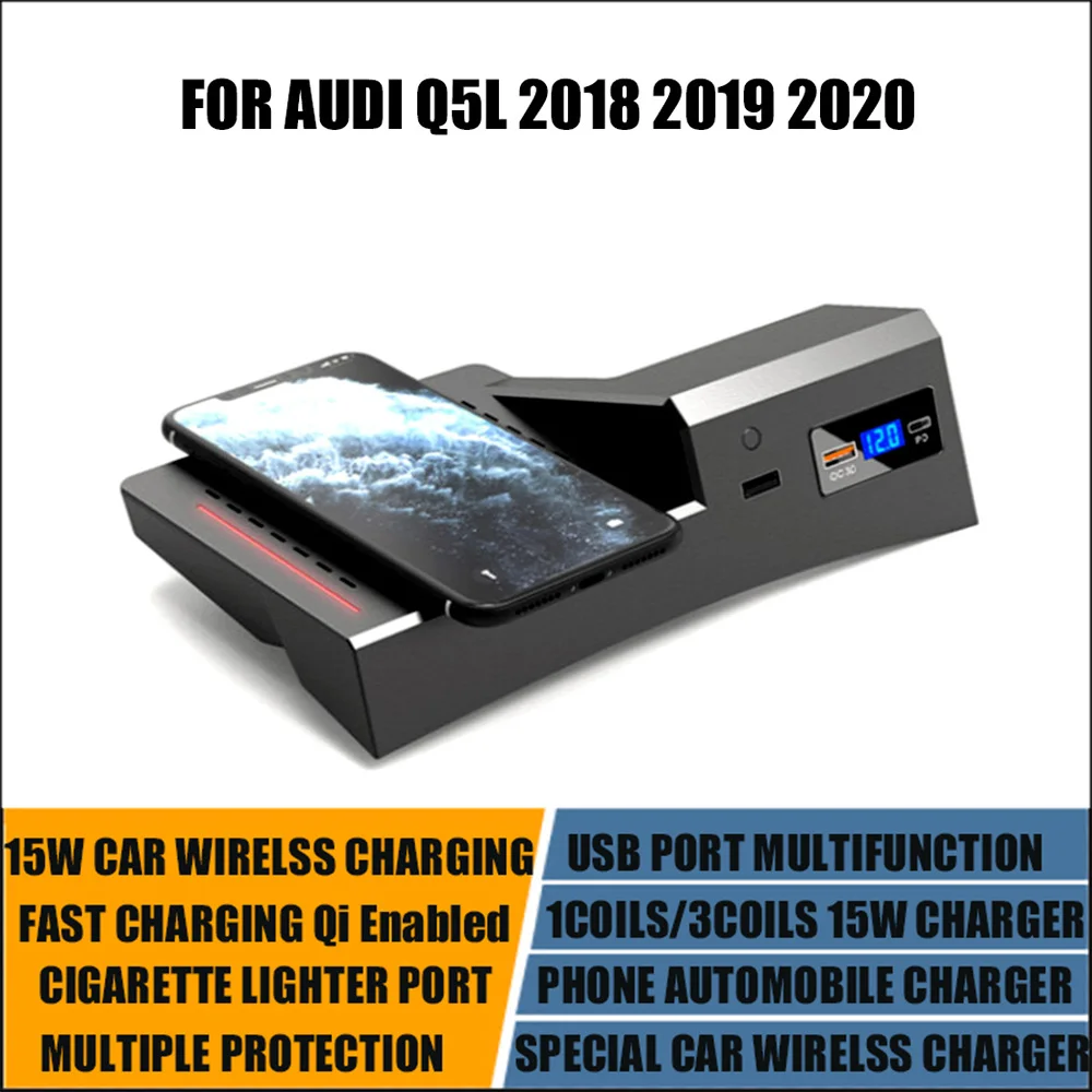 Qi Car Charger for Audi Q5L 2018 2019 2020 Wireless Fast Charging Cigarette Lighter Installation Accessories Storage Box 15W