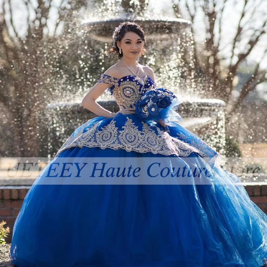 

Blue Luxury Quinceanera Dresses Of 15 Years Beading Sequin Lace Floor-Length Formal Party Ball Gowns
