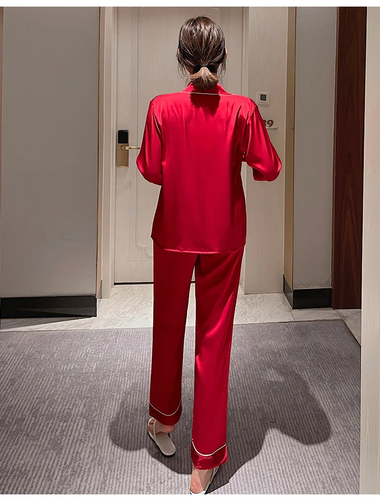 

Lovers' Pajamas Suit Women Sexy Pyjamas Pour Femme Sleepwear Satin 2PCS Lapel Shirt&Pants Sets Spring New Home Wear Loungewear