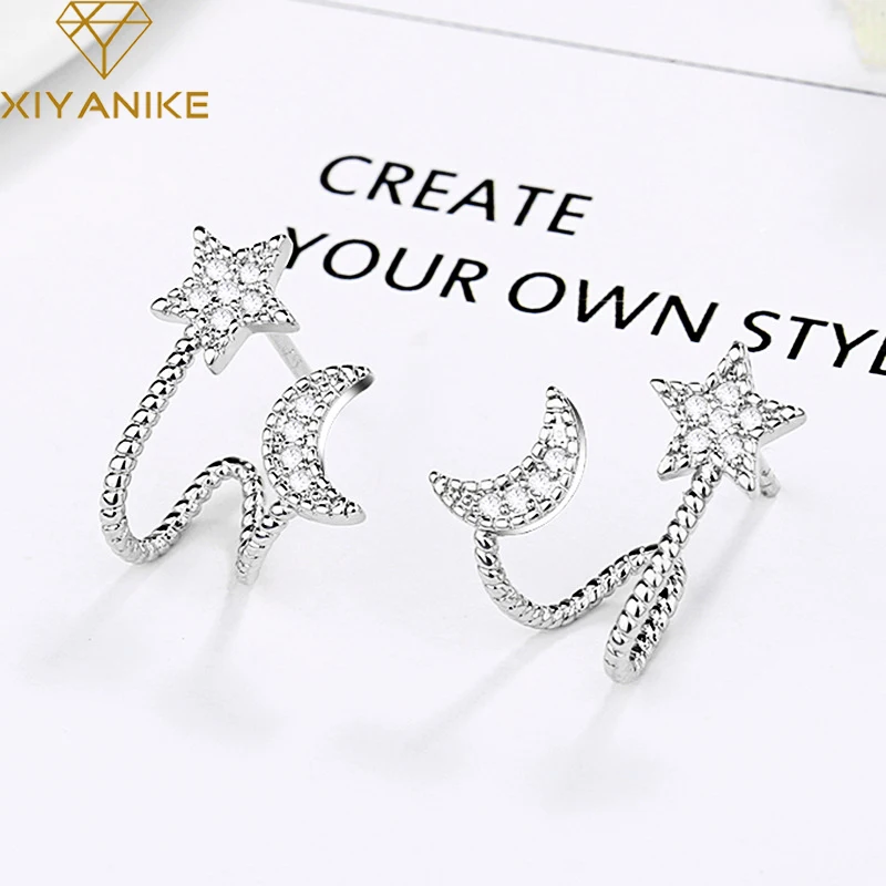 

XIYANIKE Silver Color Prevent Allergy Star Moon Stud Earrings for Women Wedding Couple Fashion Geometric Crystal Jewelry