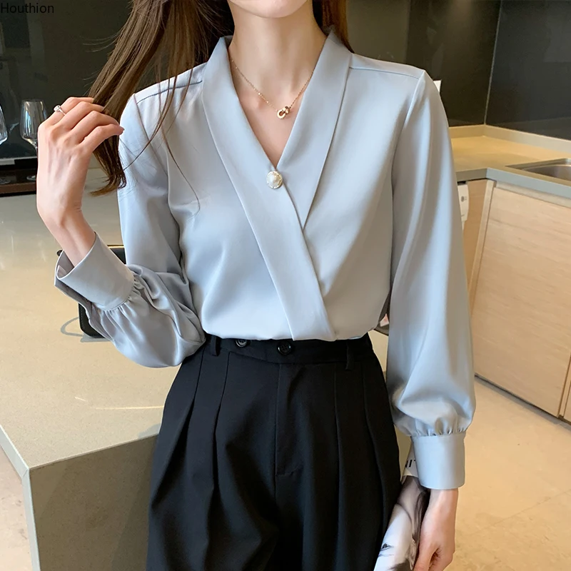 

Summer New Women's Blouses V-neck Shirt Long Sleeve Tops Solid Color Satin Casual Fashion Loose