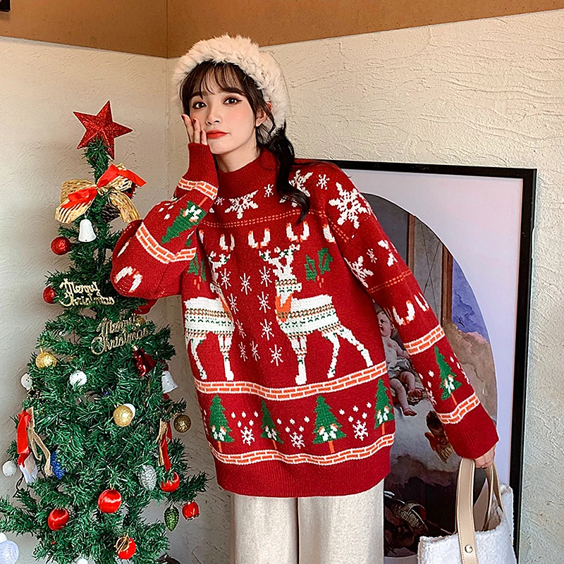 

Autumn and winter new 2021 mid-length loose half high neck thickened New Year Christmas elk red sweater female lazy style