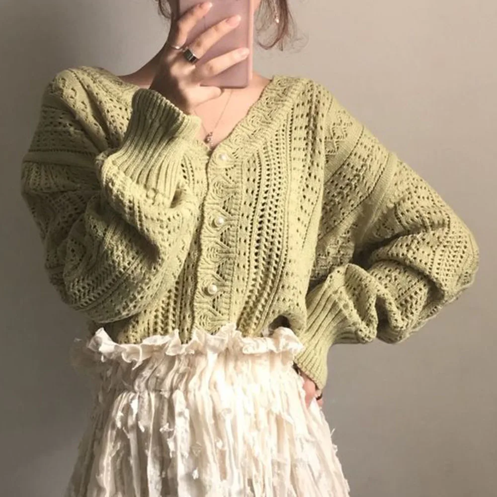 

Fashion Girls Sweet Sweater Plain Korean Chic Retro Hollow Lazy Style Crochet Sweater V-neck Knitted Cardigan Women Fashion
