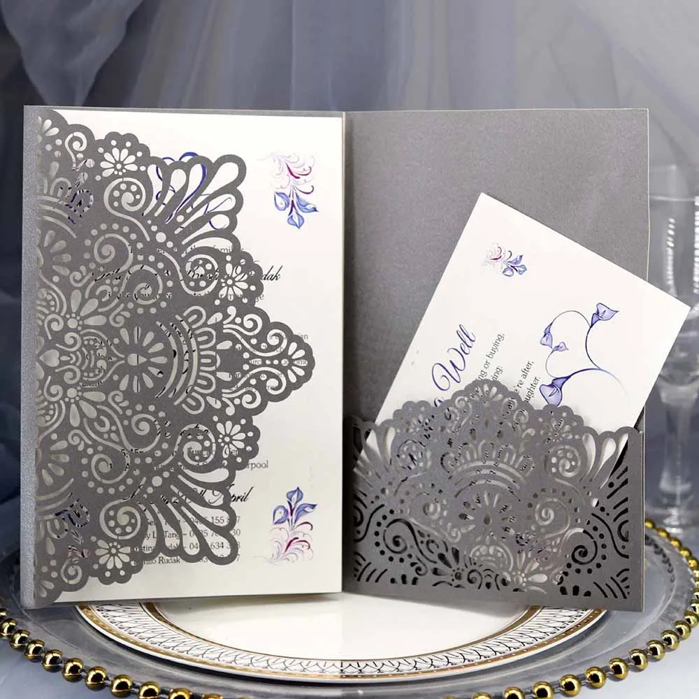10 шт. сине белые элегантный полый лазерный разрез свадебные приглашения карты