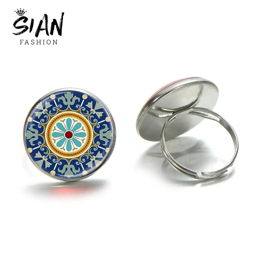 Винтажное кольцо с хной для чакр изображением синей мандалы цветком жизни со