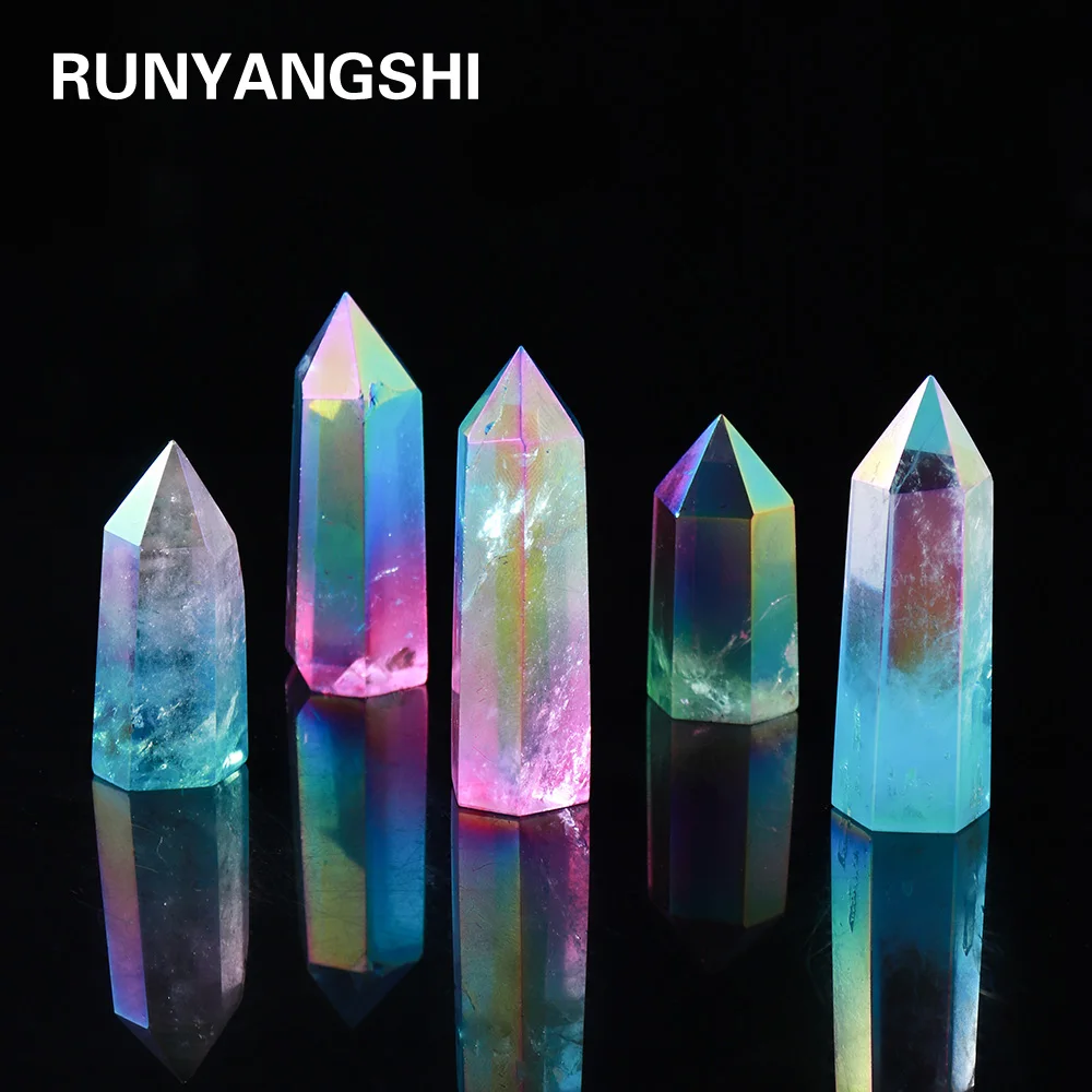 

Natural Clear Quartz Crystal Point Electroplating rainbow Healing Wand Two color crystal column Reiki Hexagon ornament
