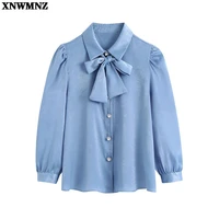 xnwmnz women satin fashion with bow tied cozy blouses vintage three quarter sleeve rhinestone buttons female shirts chic tops