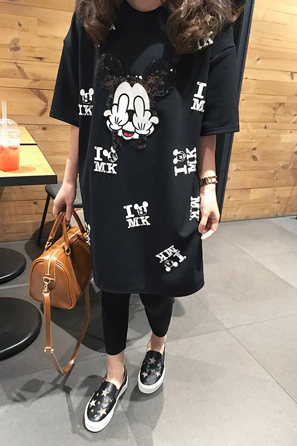 XL-5XL, подиумная футболка, платье, sequines, футболка, повседневная, с мультяшным принтом, женская футболка, топы, большие размеры, Черная Футболка, большой размер