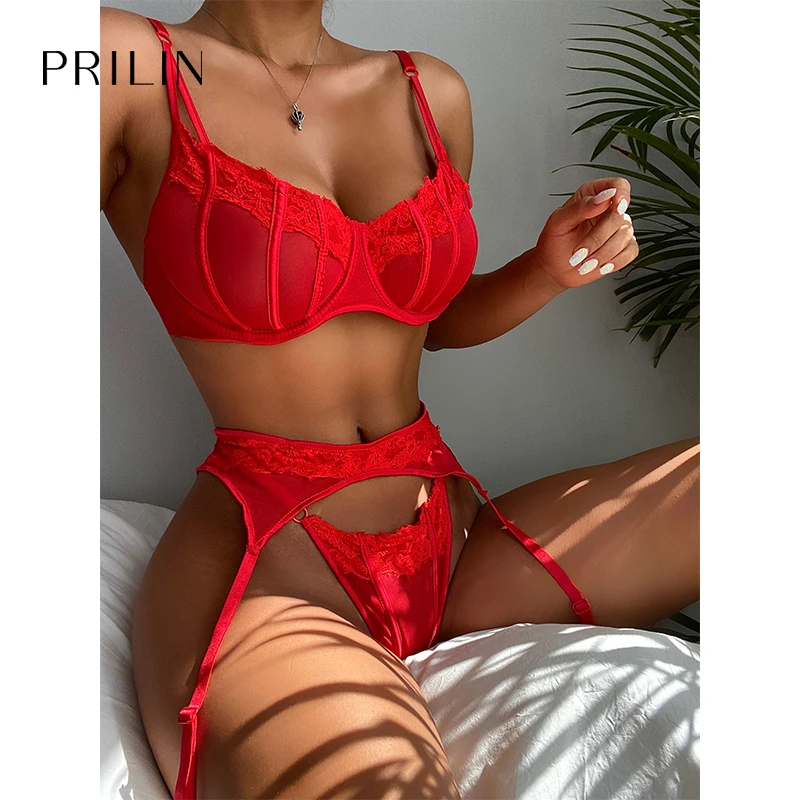 

PRILIN Women Sexy Lingerie Sets Transparent Lace Push Up Underwire Bras Sex Panties Garter Belts Erotic Sensual Underwear Red