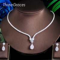 threegraces new design luxury cubic zirconia water drop pendant necklace earrings set for women high quality dress jewelry js647