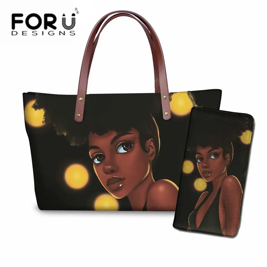 FORUDESIGNS/комплект сумок и сумочек, женская черная художественная африканская сумка с принтом для девушек, женская пляжная сумка-тоут для женщин, сумка на плечо - Цвет: YQ3580ALZ21