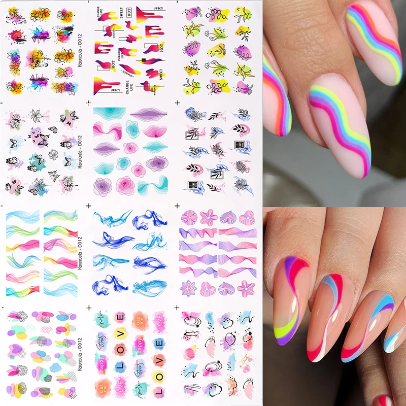 

Harunouta Colorful Waves Nail Water Decals Set Flower Butterfly Nail Stickers Geomrtric Lines Sliders Paper Manicures Foils