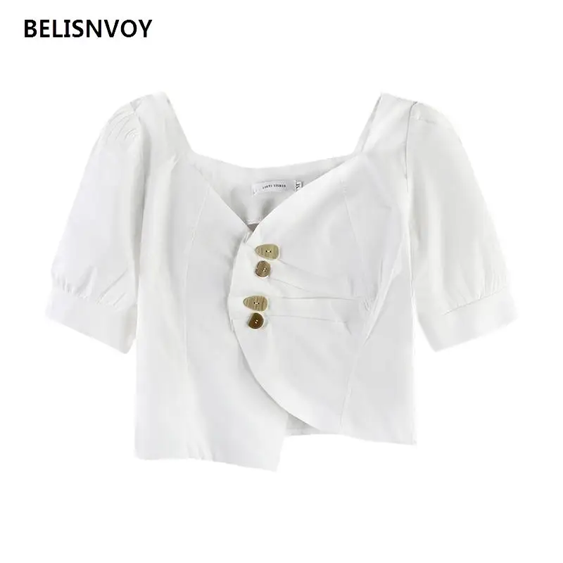 

2021 New Summer Kawali Elegant Blouse Women Puff Sleeve Sexy Button Designer Blouse Shirt Female Casual Sweet Korean Tops
