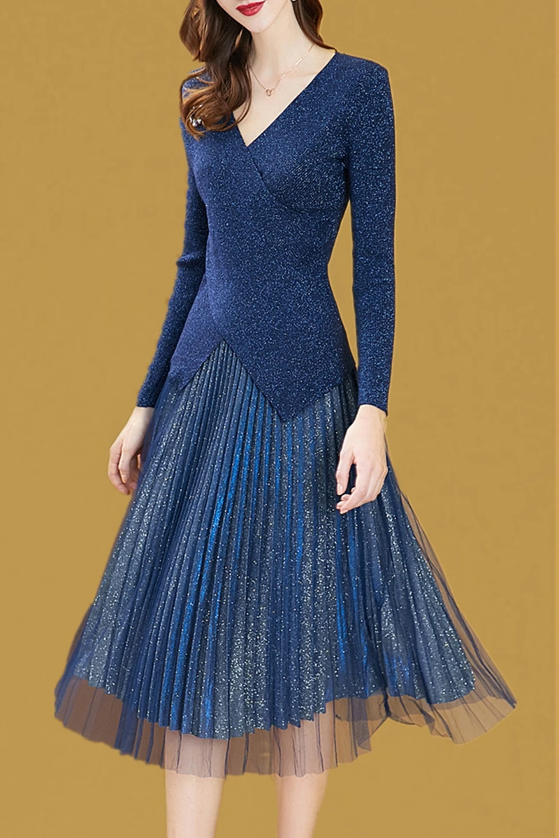 

French Blue Skirt Two Piece 2019 Fashion Elegant V-neck Long-sleeved Tops Bright Silk Mesh Skirts Woman 2 Pieces Sets Outfits