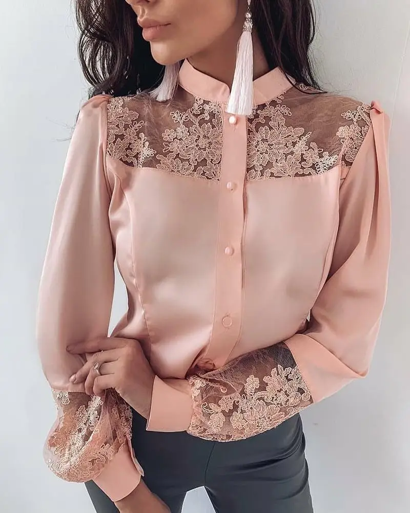 

Mesh Embroidery Insert Button Up Blouse Puff Sleeve Buttoned Blouse Women High Neck Long Sleeve Casual Blouse Tops Workwear