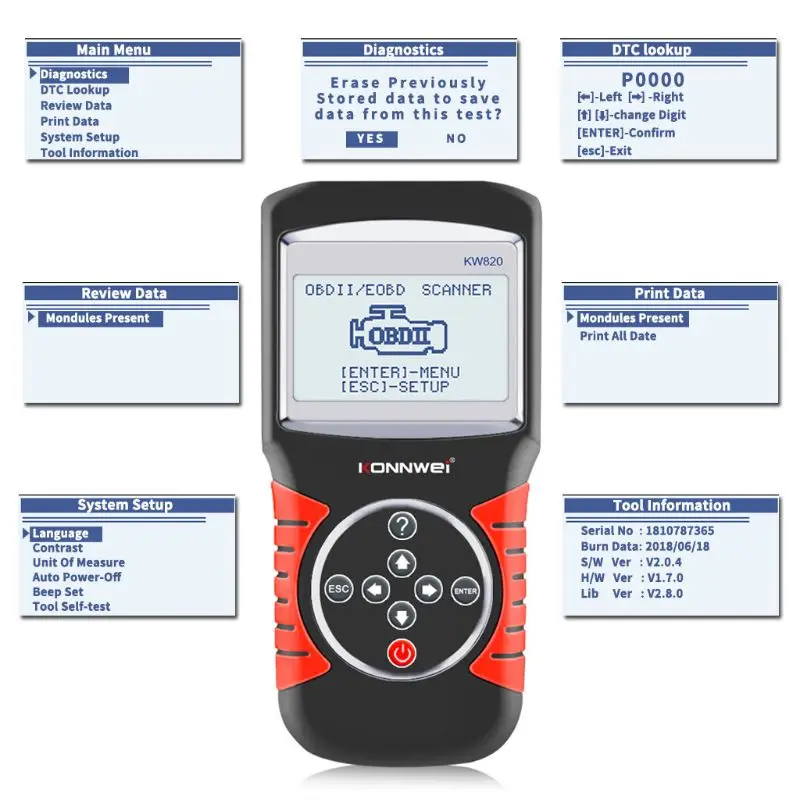 

KW820 Automotive Scanner Multi-languages OBDII EOBD Diagnostic Tool Car Errors