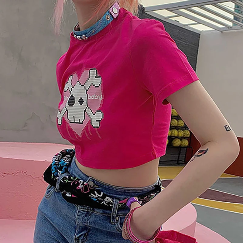 

Gothic Graphic T Shirts Women 2021 Harajuku Alt Clothes Aesthetic Summer Cropped Top Female MINGLIUSILI Goth E Girl Tee Shirt