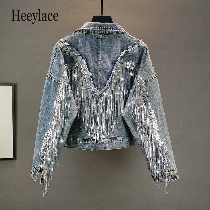Jean Jacket Woman Fringed Sequined Denim Jacket 2020 Spring New Retro BF Loose Short Jeans Jacket Top Chaqueta Chaquetas Jackets
