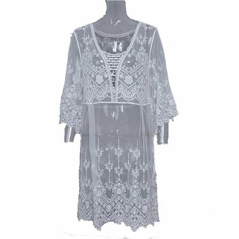 

Lace Beach Dress See Through Bikini Cover Up Crochet Tunic White Hollow Beach Cover Up One Size Knitted Women Summer Clothing